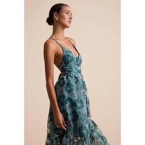 NWT Lulus Feeling Like Forever Teal Jacquard Organza Lace-up Midi Dress Blue - L